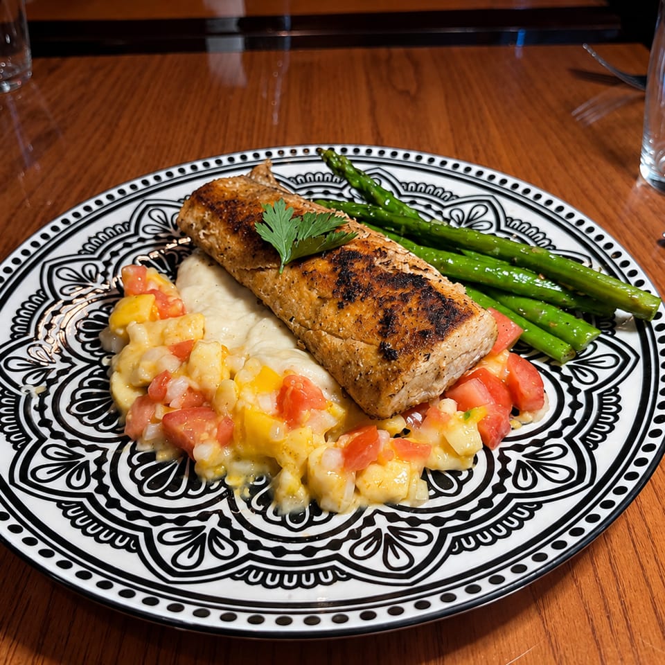 Grilled fish with asparagus, mashed potatoes, and tomato salsa on a decorative plate.