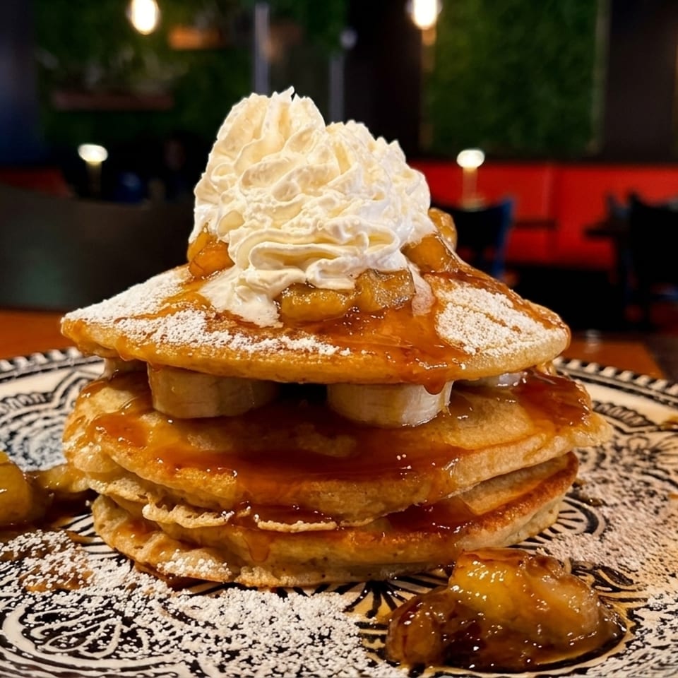 Stack of pancakes with bananas, syrup, powdered sugar, and whipped cream on a decorative plate.