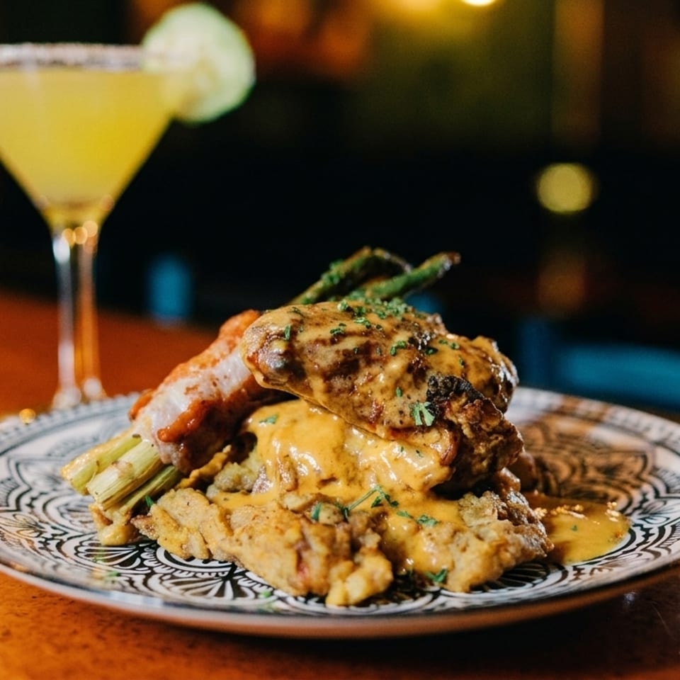 A plate of fried chicken and asparagus with sauce, next to a margarita on a bar.