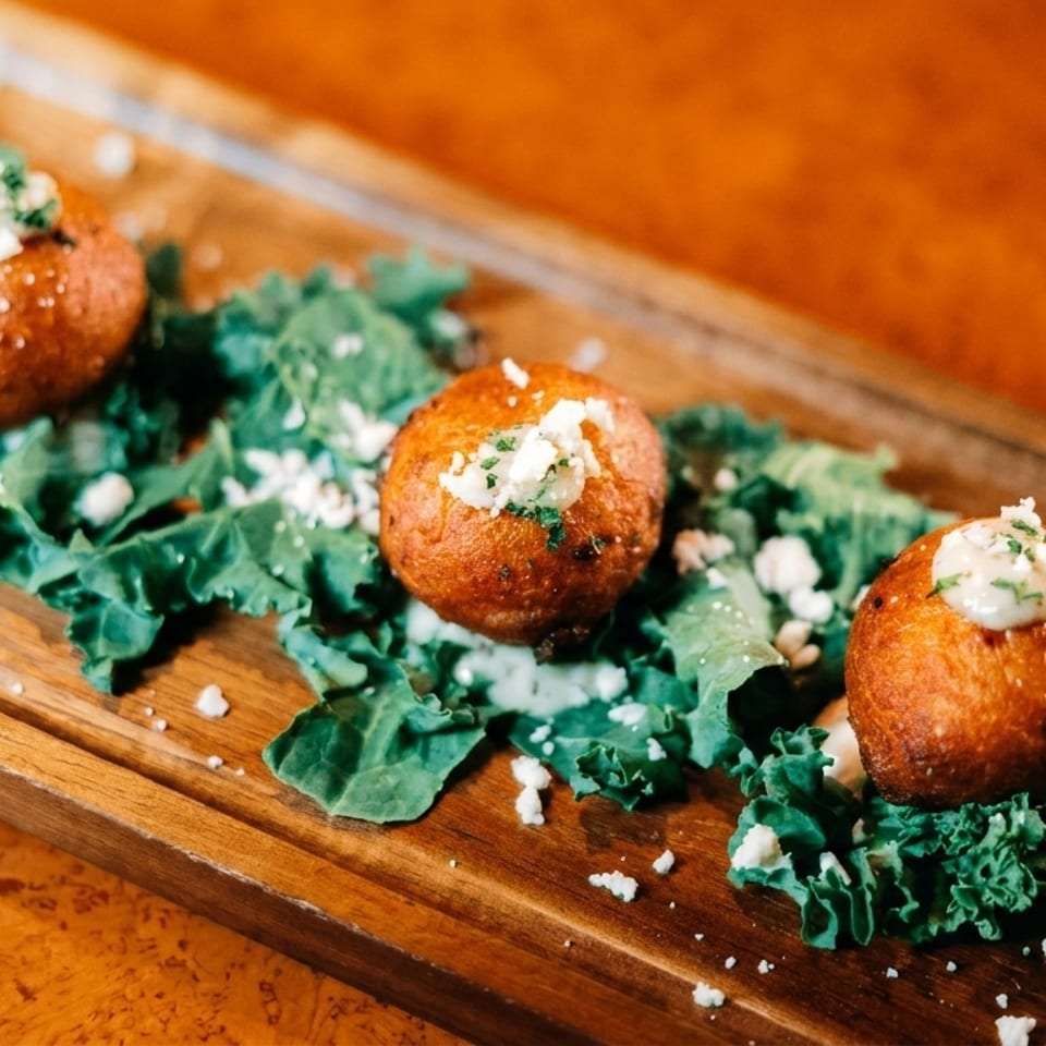 Three golden-brown fried balls topped with white cheese and herbs, served on a bed of kale.