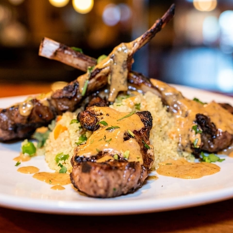 Grilled lamb chops with sauce and couscous on a white plate.
