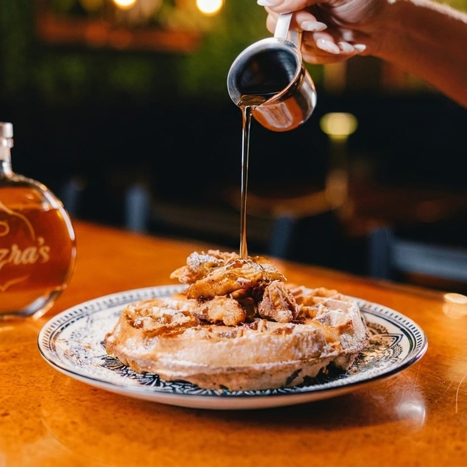 A hand pours syrup over chicken and waffles on a plate next to a bottle of Ezra's bourbon.