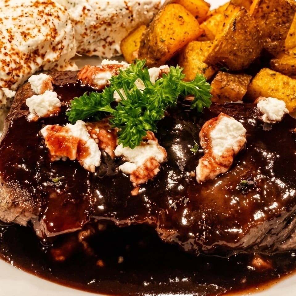 Steak with dark sauce, topped with cheese and parsley, served with roasted potatoes and corn.