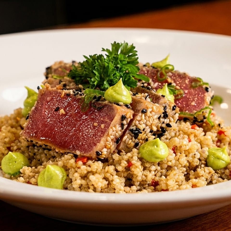 Seared tuna with sesame seeds, quinoa, parsley, and green sauce in a white bowl.