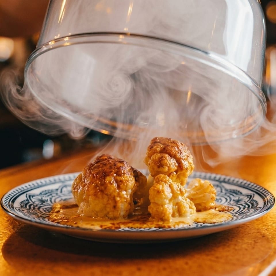 Smoked cauliflower florets with sauce on a decorative plate, steam rising from under a glass cloche.