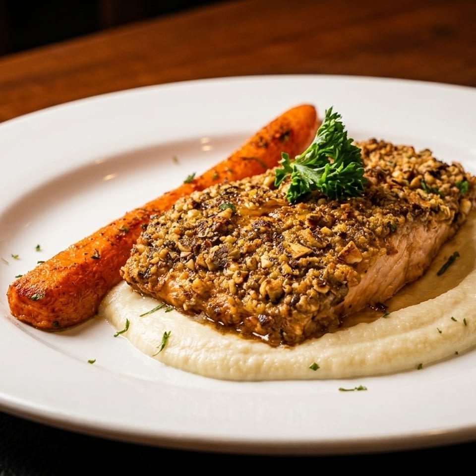 Nut-crusted salmon with a roasted carrot and white puree, garnished with parsley on a white plate.