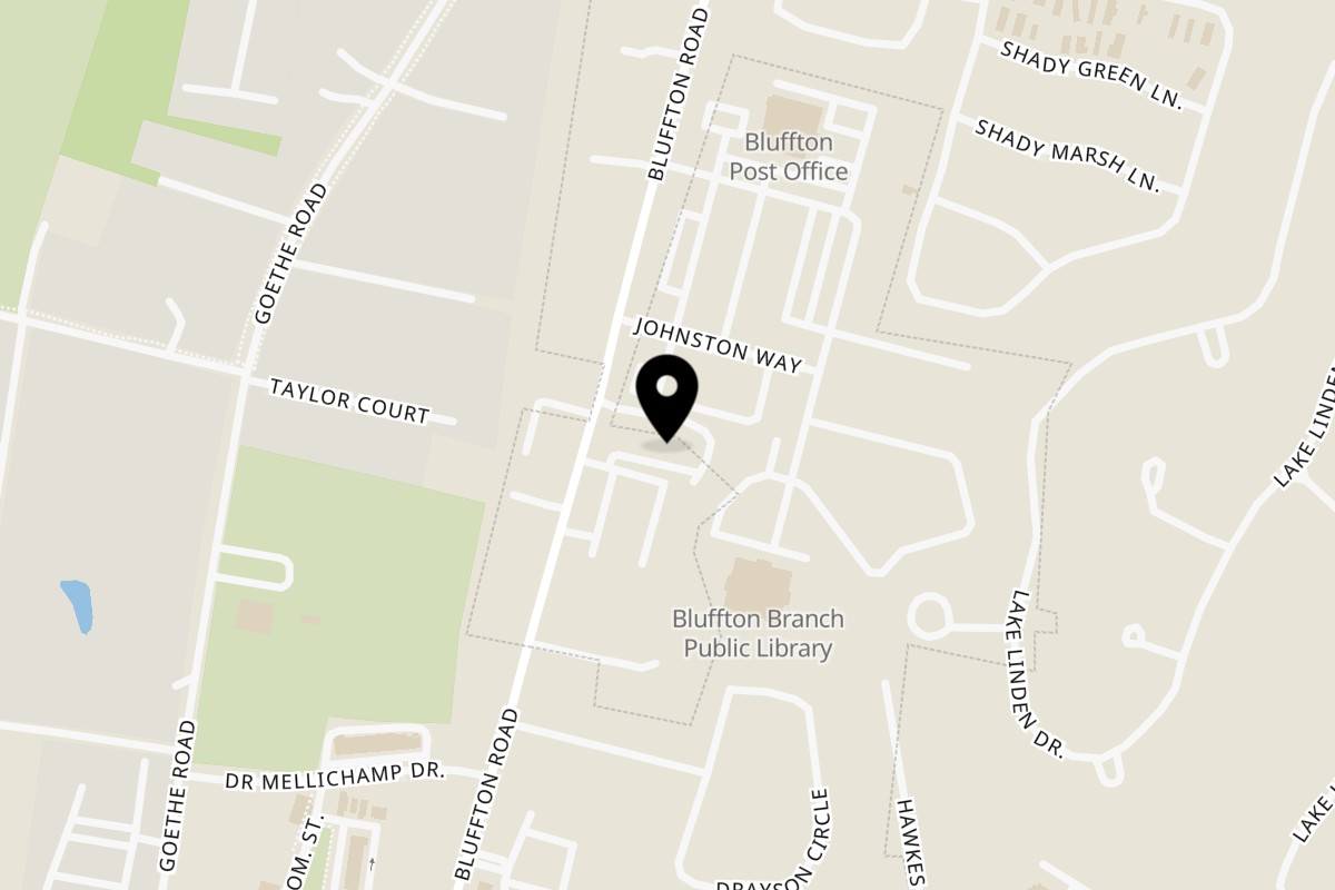 Map showing the location of Ezra's on 163 Bluffton Rd Ste F in Bluffton